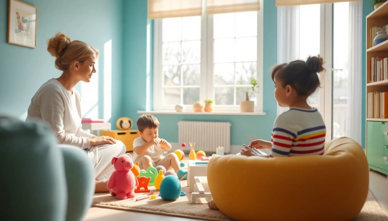 Child engaging in Play Therapy session with toys and a supportive therapist in a bright room.