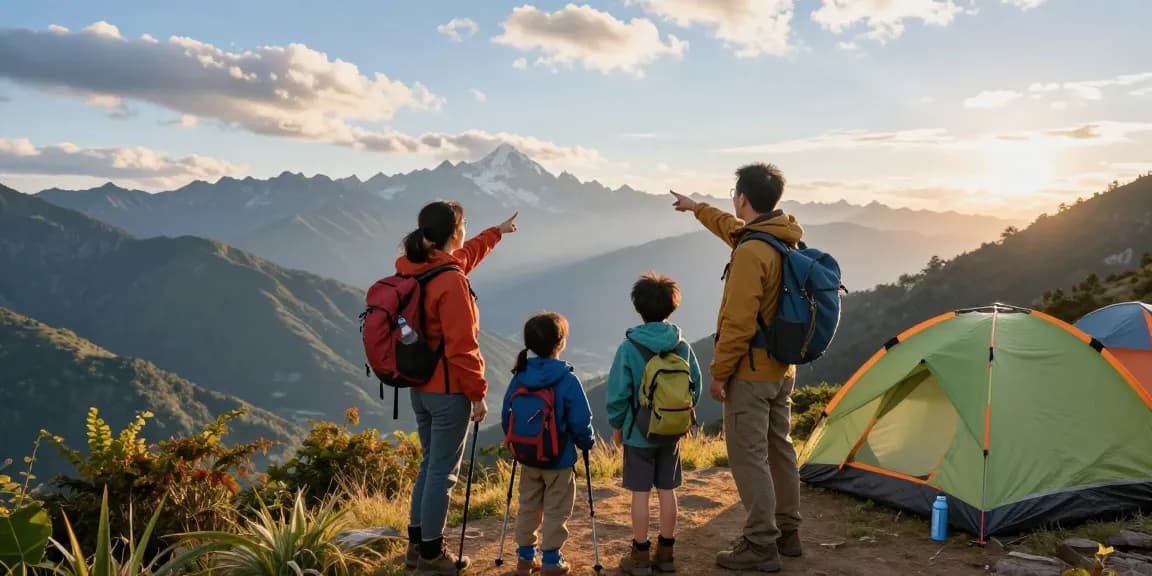 A family enjoying adventure at a scenic mountain view with mantra88 gear, capturing joy in outdoor exploration.