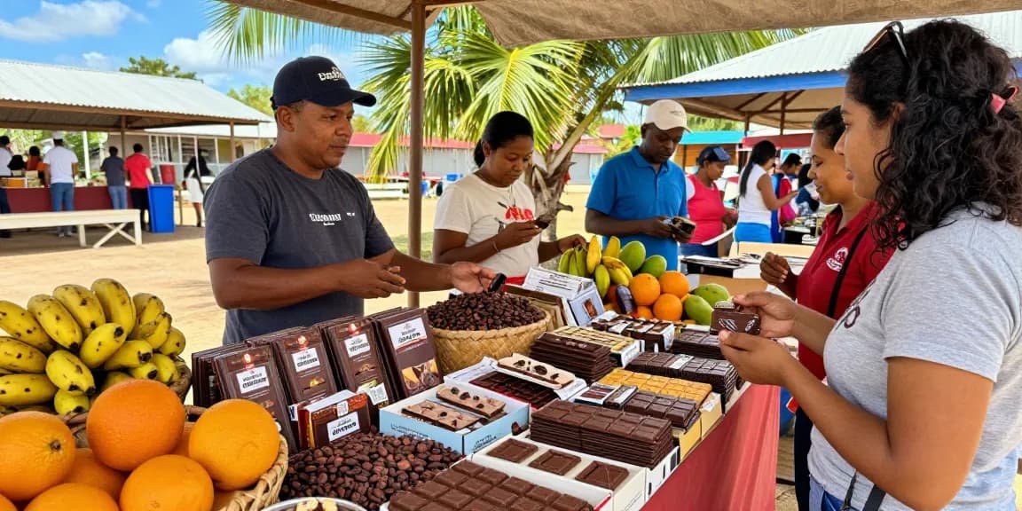 Cacao market scene featuring diverse products, engaging vendors, and delicious m98 chocolate tastings.