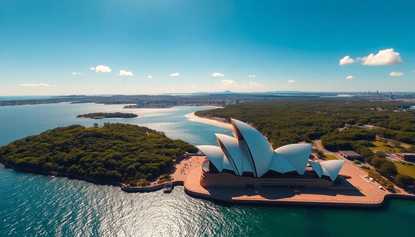 Stunning view of Australia's Sydney Opera House alongside its beautiful coastline.