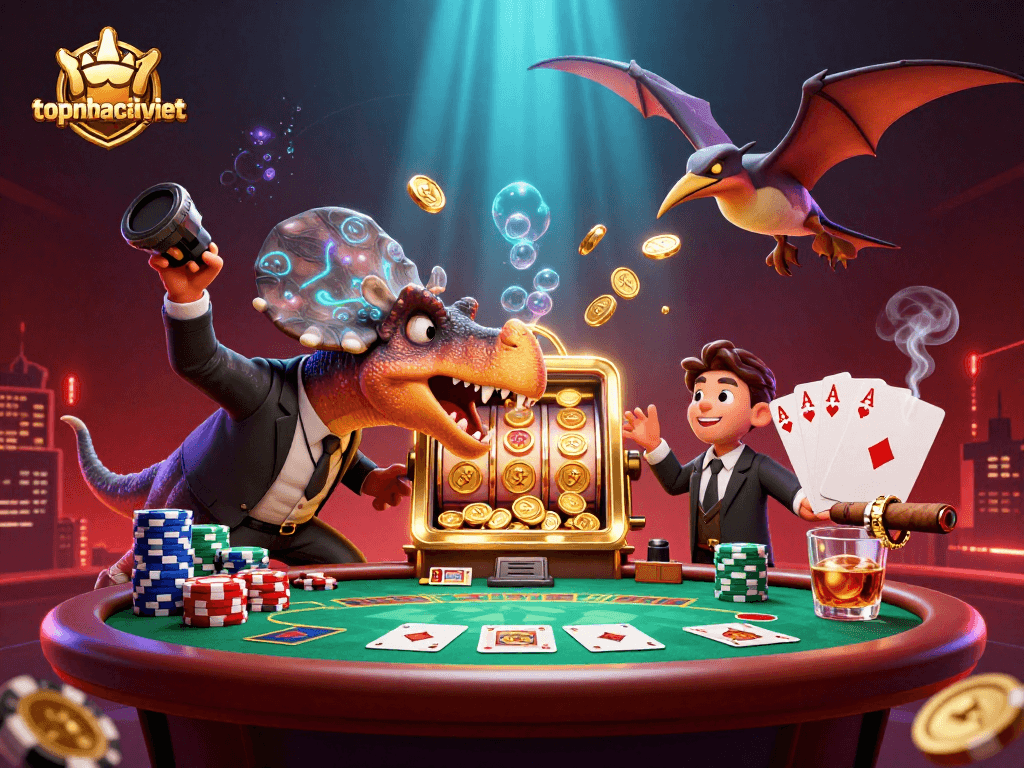 topnhacaiviet's pachycephalosaurus triggers slot machine jackpot amid vibrant casino chaos