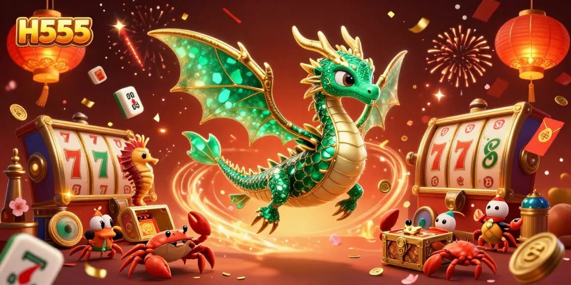 Engage with H555's vibrant gaming universe featuring an emerald sea dragon, slot games, and festive decor.