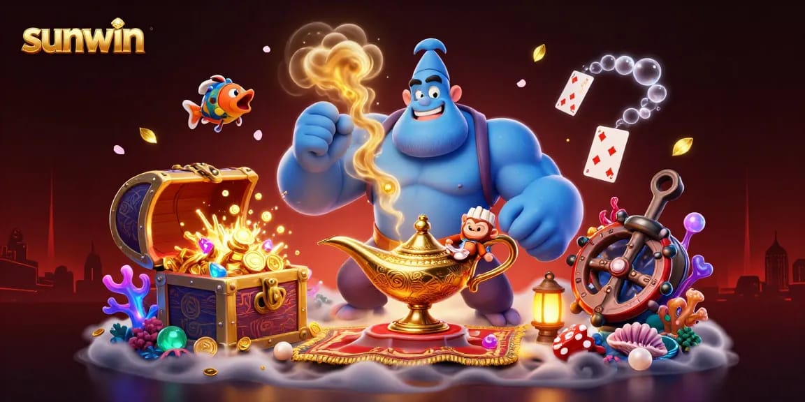 Sunwin brings excitement with a vibrant 3D casino illustration featuring a genie and poker chips.