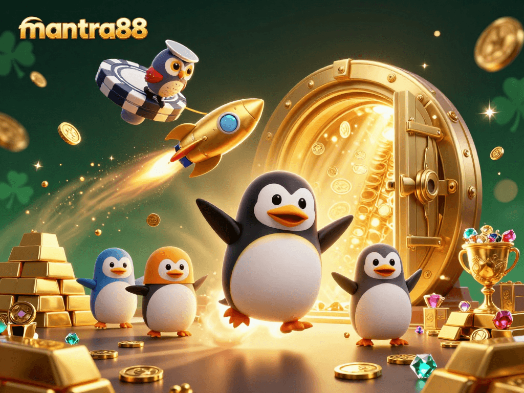 Experience excitement at mantra88 with a golden penguin leading a vibrant casino journey filled with treasures.