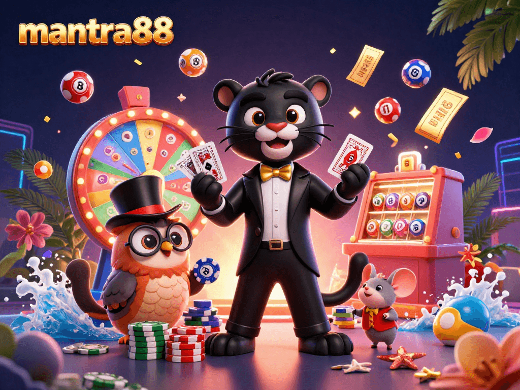 Engaging gaming scene highlighting mantra88 with a stylish black panther, owl, and mouse amidst colorful casino elements.
