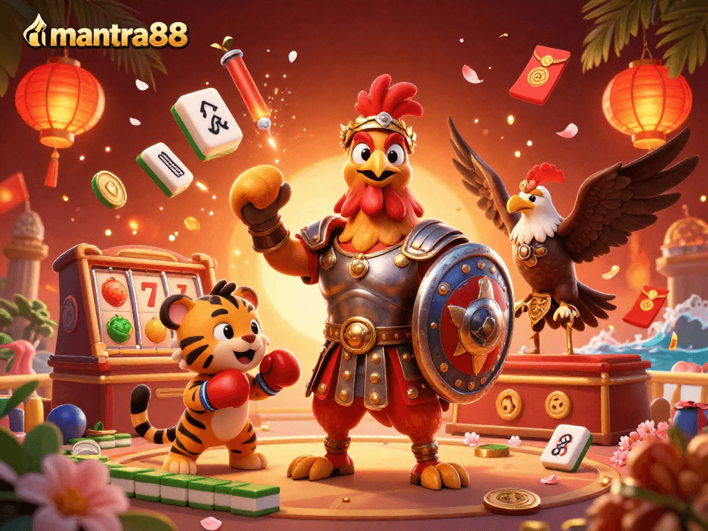 Engage in thrilling games like those at mantra88 with this vibrant digital casino illustration full of dynamic elements.