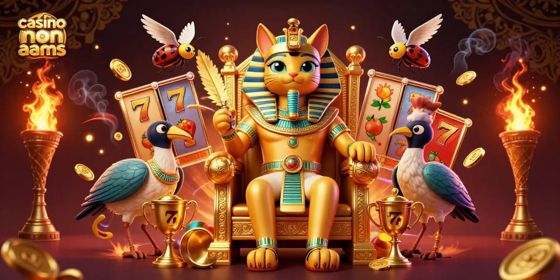 giocando nei casino non AAMS, un gatto faraone egiziano su un trono dorato circondato da simboli di slot e monete d'oro