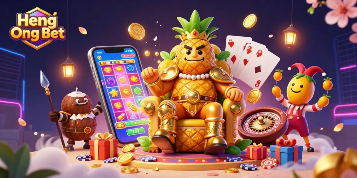 Engage with Heng Ong Bet's vibrant gaming experience featuring the golden pineapple king amidst thrilling casino action.