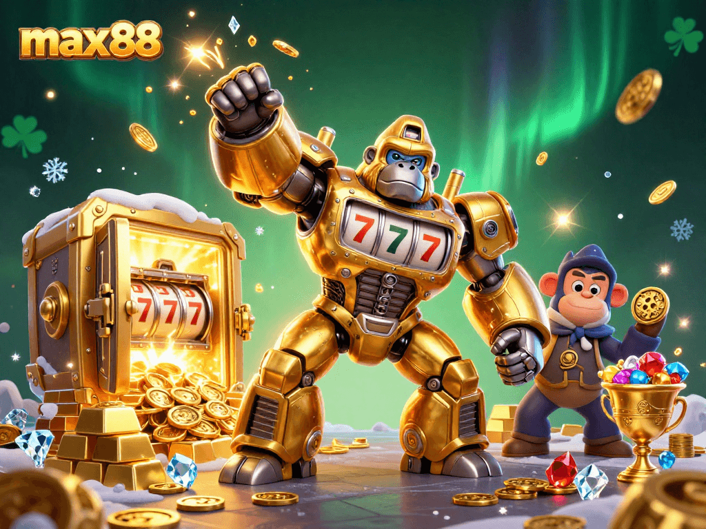 Max88 showcases a vibrant scene with a golden gorilla mech symbolizing casino excitement and luck.