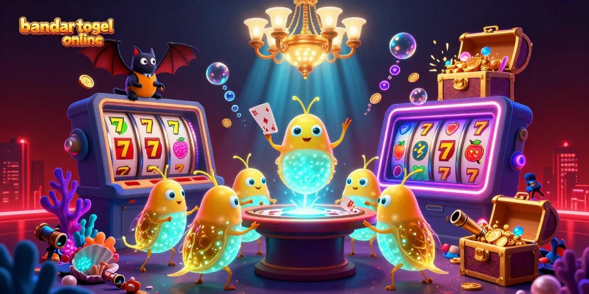 Engage with bandar togel online in a vibrant 3D casino scene featuring bioluminescent glowworms and rich gaming elements.