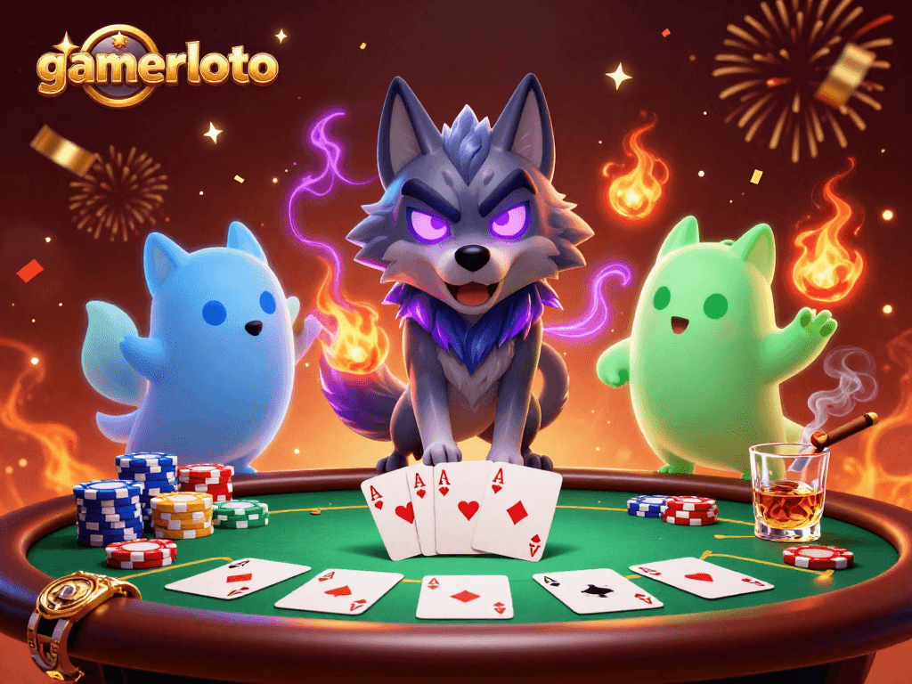 Gamerloto showcases a spirited poker scene with ghostly wolves and vibrant casino elements.
