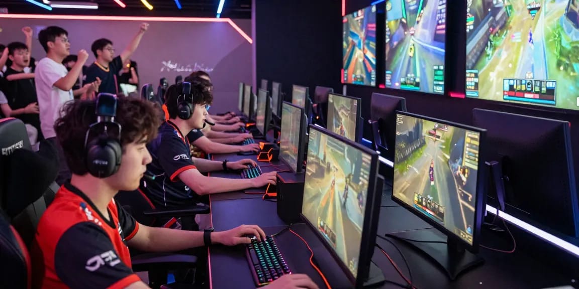 Youth gamers engaging in competitive esports at CIKA4D arena, showcasing modern gaming equipment and vibrant community.