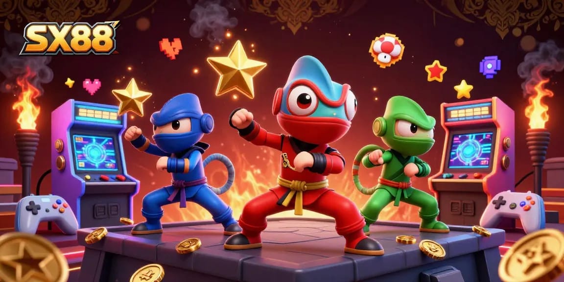 SX88 showcases a vibrant chameleon ninja trio in a colorful casino action scene filled with dynamic gaming elements.