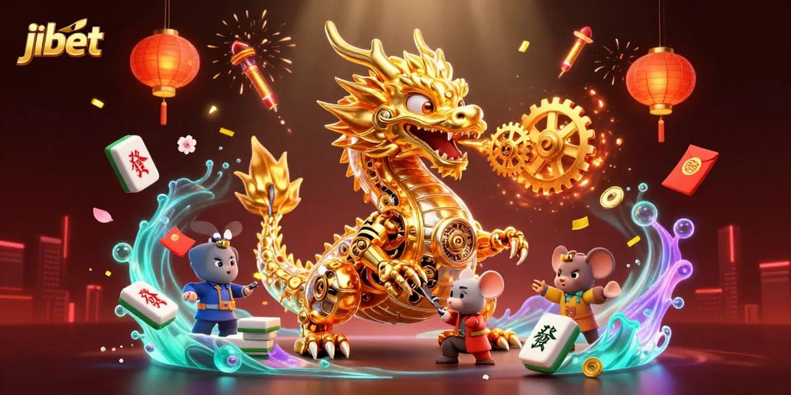 Experience the thrill of jibet with stunning 3D animation of a golden dragon surrounded by vibrant casino elements.