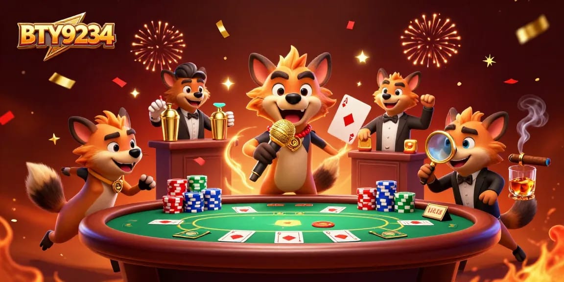 Experience BTY9234's lively comedy casino club with hyenas, poker chips, and festive elements.