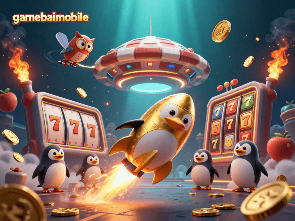 gamebaimobile showcases a vibrant 3D casino scene with dynamic slot reels and a golden penguin.