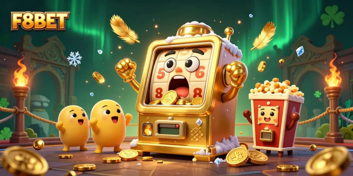 F8BET slot machine hitting a jackpot amidst a vibrant, dynamic casino scene of excitement.