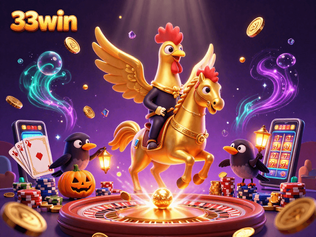33win showcases a golden rooster in a vibrant casino scene, surrounded by jackpots and sparkling riches.