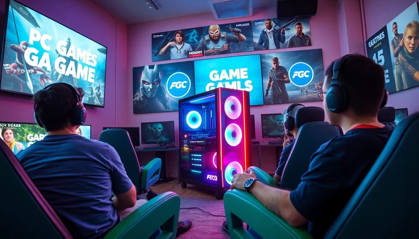 Showcase of PC Game Pass games in a vibrant gaming lounge featuring gaming PCs.