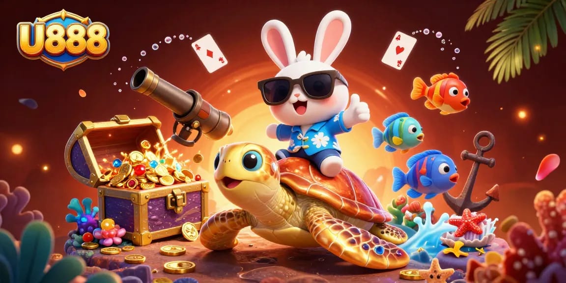 Experience U888's vibrant underwater adventure with a lucky rabbit and golden sea turtle while enjoying thrilling casino action.