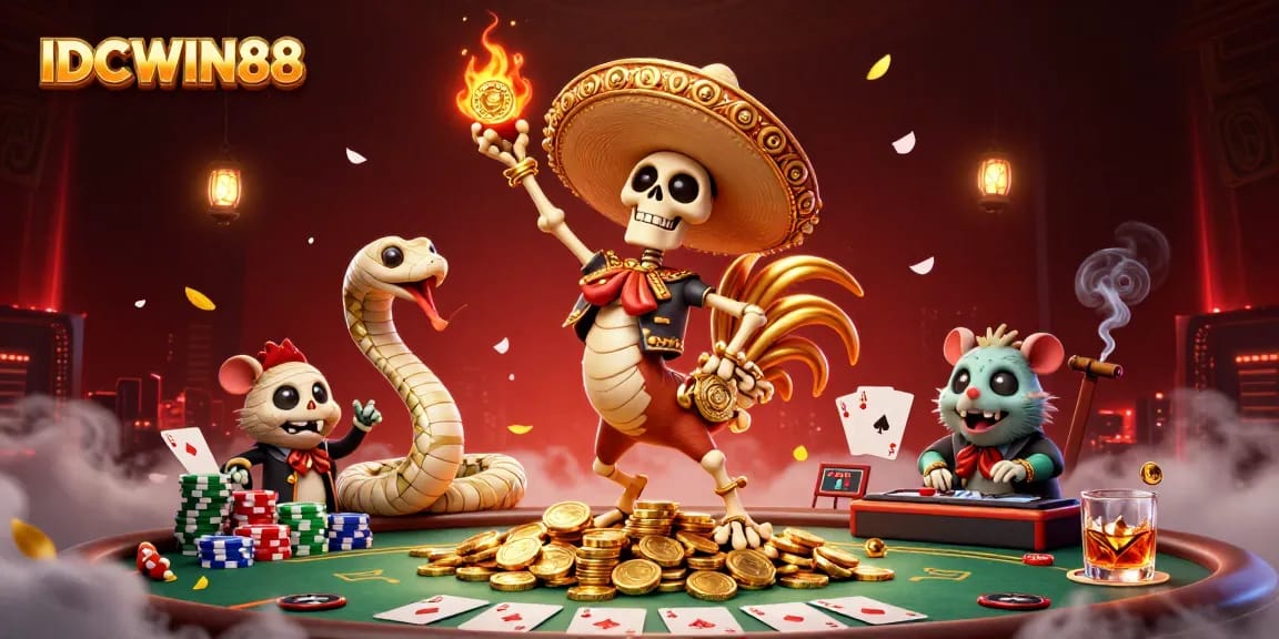 Experience thrilling gameplay at IDCWIN88 with a vibrant 3D casino illustration featuring dynamic characters and rich casino elements.