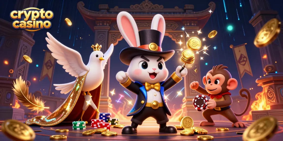 Le crypto casino offre une scène vibrante avec un lapin magicien, une colombe glamour, et un singe malicieux, embellie de pièces dorées et de feux d'artifice.