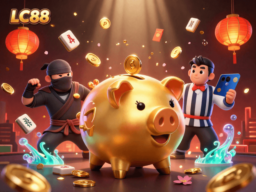 Experience thrilling gaming with LC88's dynamic casino scene featuring unique characters and vibrant elements.