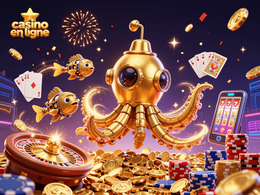 Jouer au casino en ligne avec une illustration 3D de kraken et des jeux dynamiques.