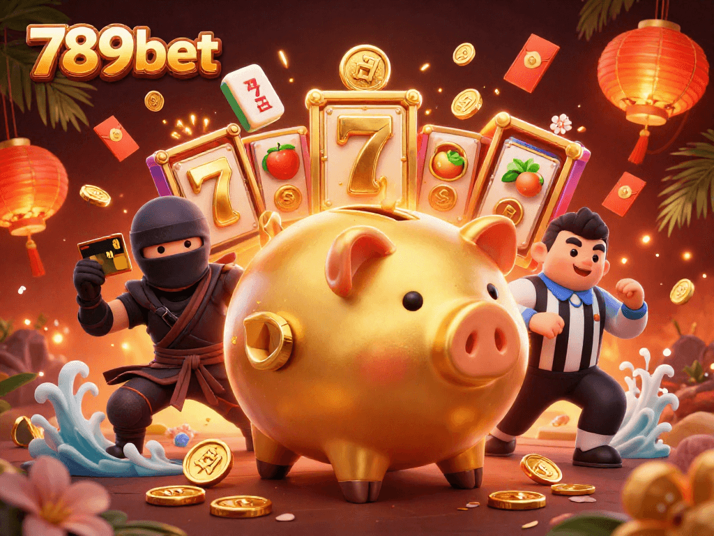 Experience 789bet's exciting gaming adventures with a sumo wrestler and ninja in a dynamic casino scene.