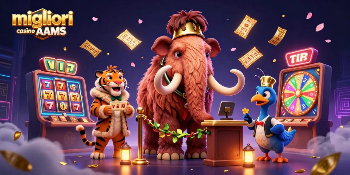 Gioca nei migliori casino non AAMS con un mammut di sicurezza che controlla gli accessi e una tigre VIP con premi scintillanti.