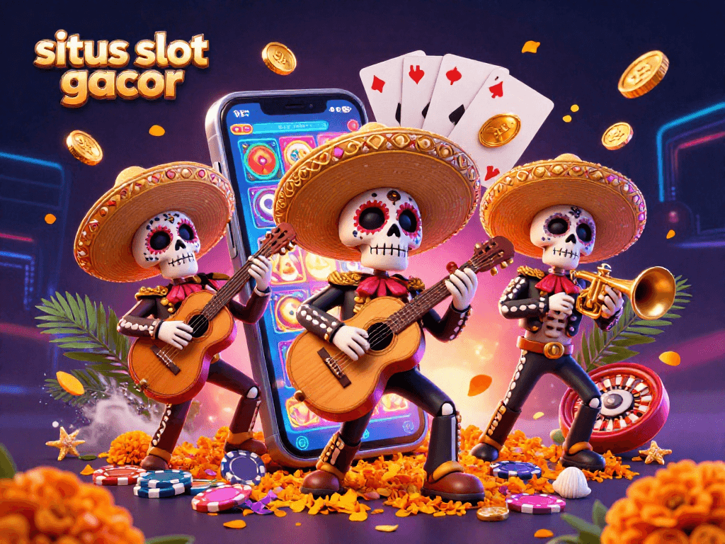 Experience the excitement of situs slot gacor with a lively 3D illustration of a skeleton mariachi band surrounded by slot game elements.