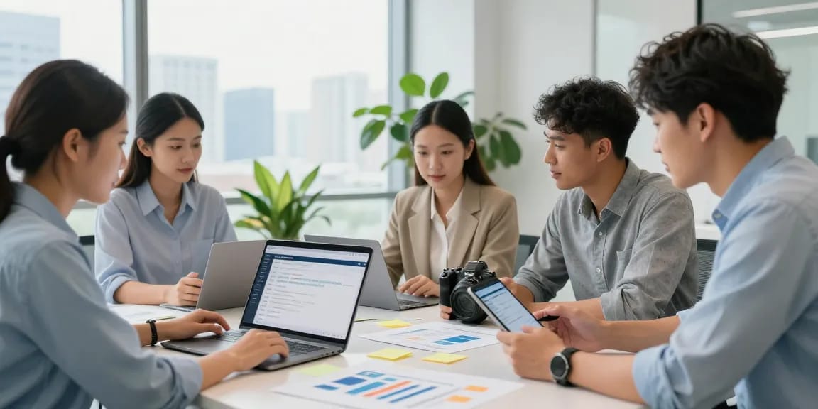 使用 WPS Office 下载的团队协作工作场景，会议室里专业人士现场展示文档。