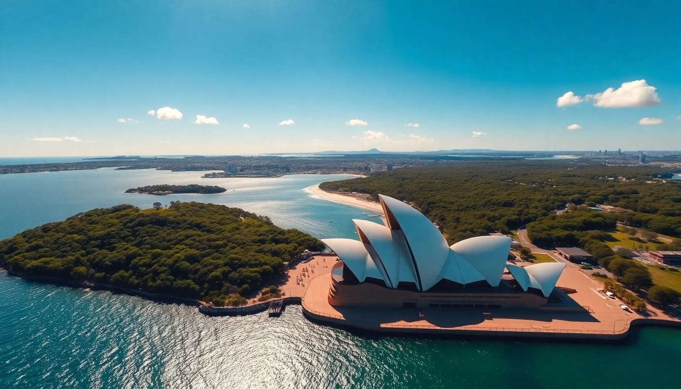 Stunning view of Australia's Sydney Opera House alongside its beautiful coastline.