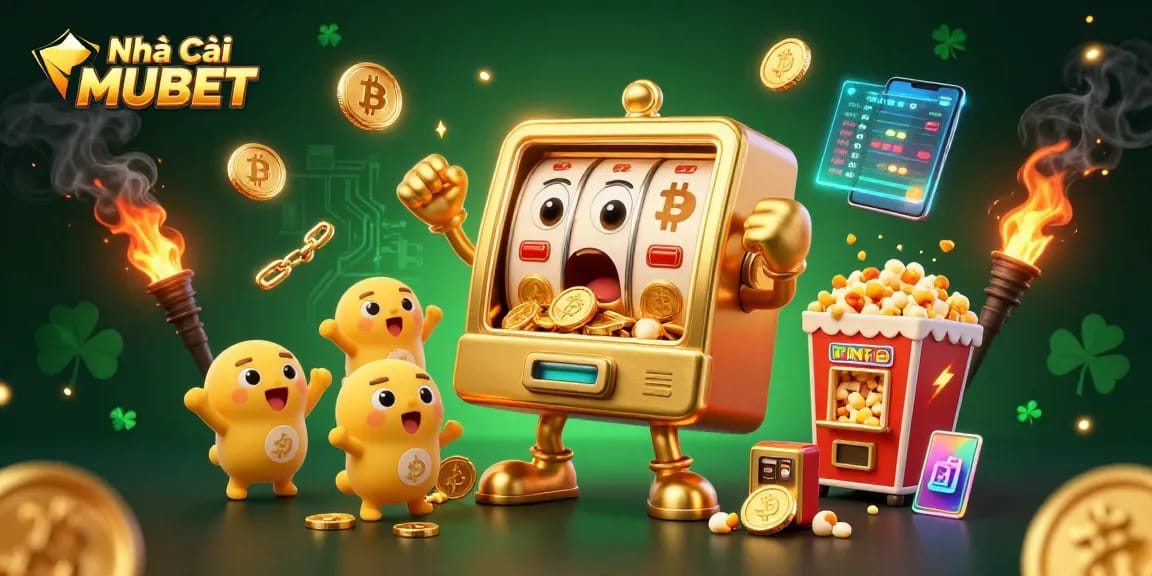 Nhà cái MUBET slot machine wins, overflowing with coins and crypto elements, celebrating its jackpot.