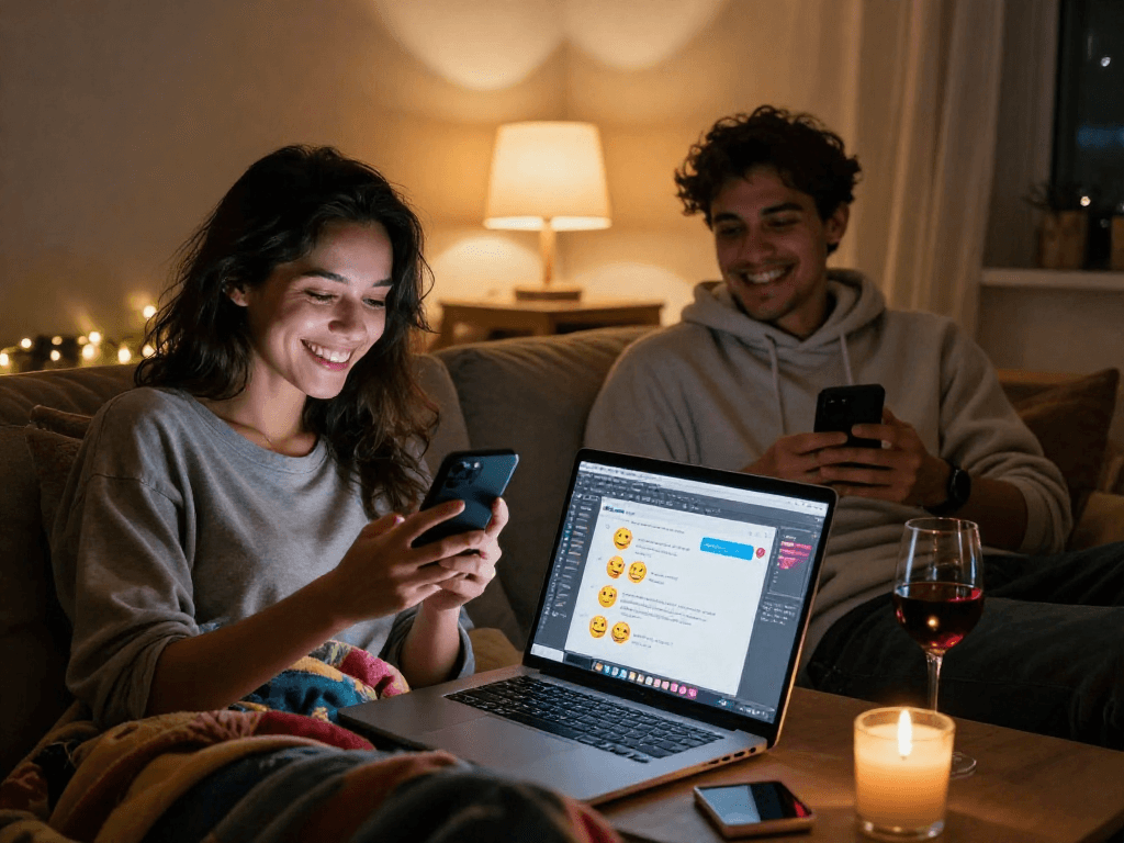 Creative ai sexting interaction between a couple in cozy home settings, highlighting digital romance