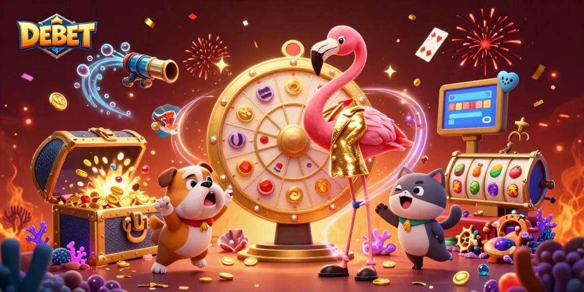 Experience the excitement of DEBET with a vibrant, animated casino-themed scene full of prizes and celebration.