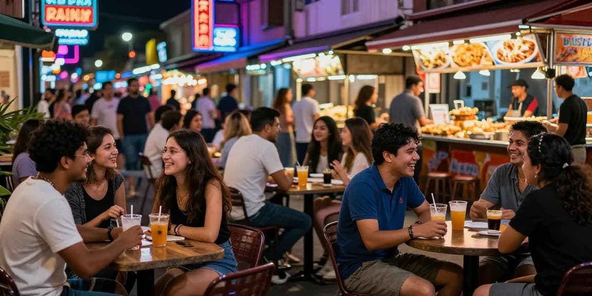 Exciting scene of people enjoying 유흥사이트 nightlife with neon lights and outdoor dining.