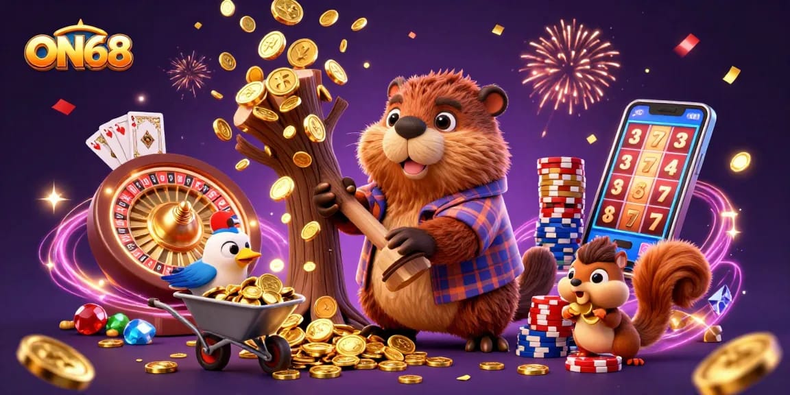 Experience the thrill of ON68 as the cartoon beaver collects coins in a joyful casino scene.