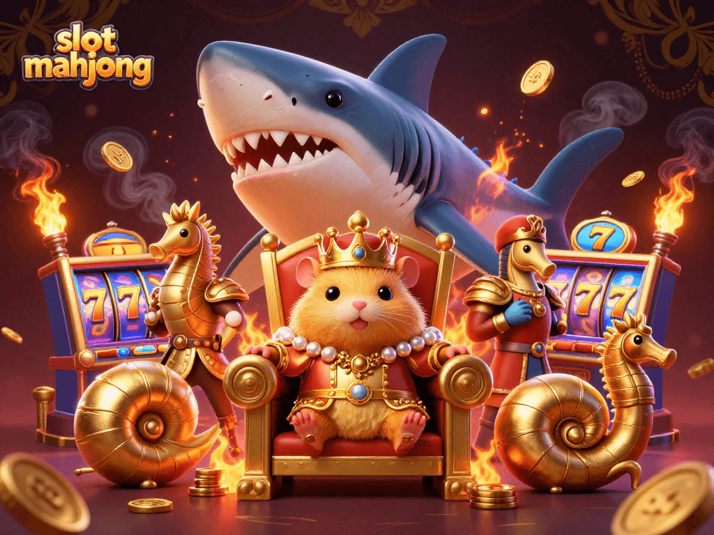 Experience slot mahjong excitement as a golden hamster king leads the way in a vibrant casino setting.