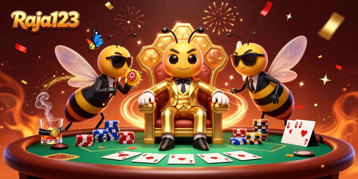 Engage in thrilling poker with Raja123, featuring a bumblebee mob boss and vivid gambling elements.