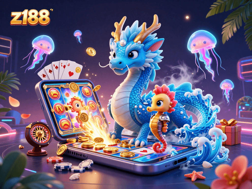 Engage with z188's 3D cartoon casino magic featuring a vibrant dragon, knight, and gaming action.