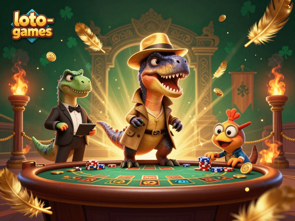 Experience thrilling gaming with loto-games featuring a velociraptor card counter and colorful casino atmosphere.