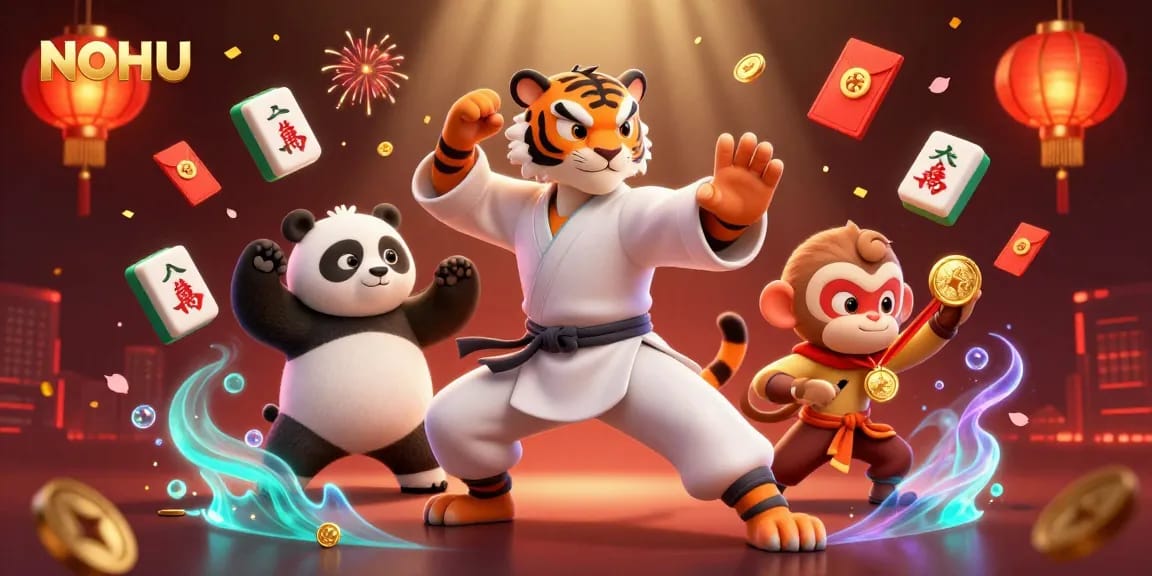 Engage with NOHU in a vibrant 3D scene of playful gambling characters showcasing martial arts.