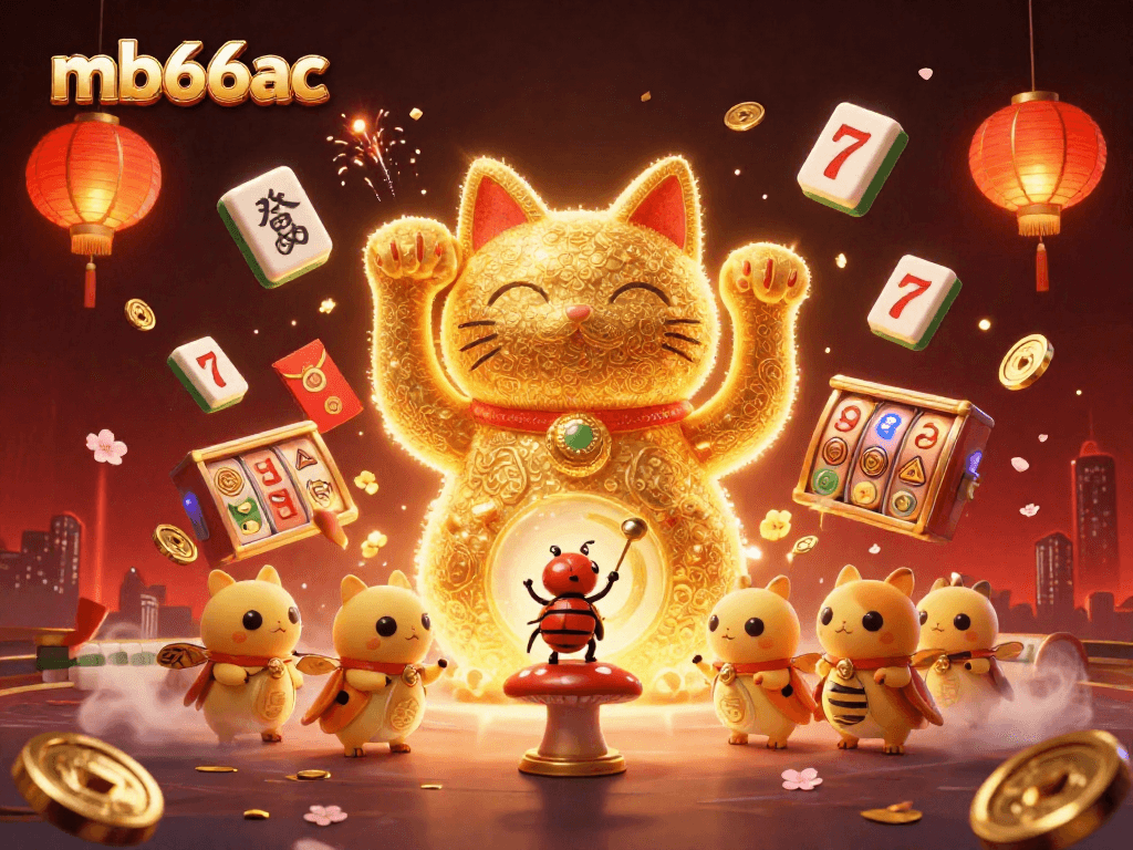 Experience the magic of mb66ac with a vibrant lucky cat and casino symbols dancing in 3D.