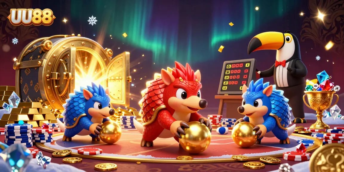Bowling pangolins in a vibrant UU88 casino scene filled with golden treasures and poker chips.