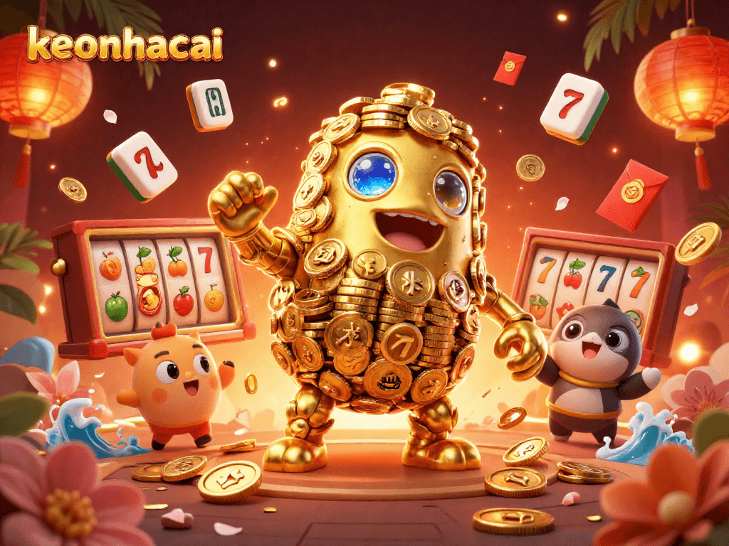 Spin the slots with keonhacai, featuring a vibrant golem and floating symbols, embodying fun and luck.
