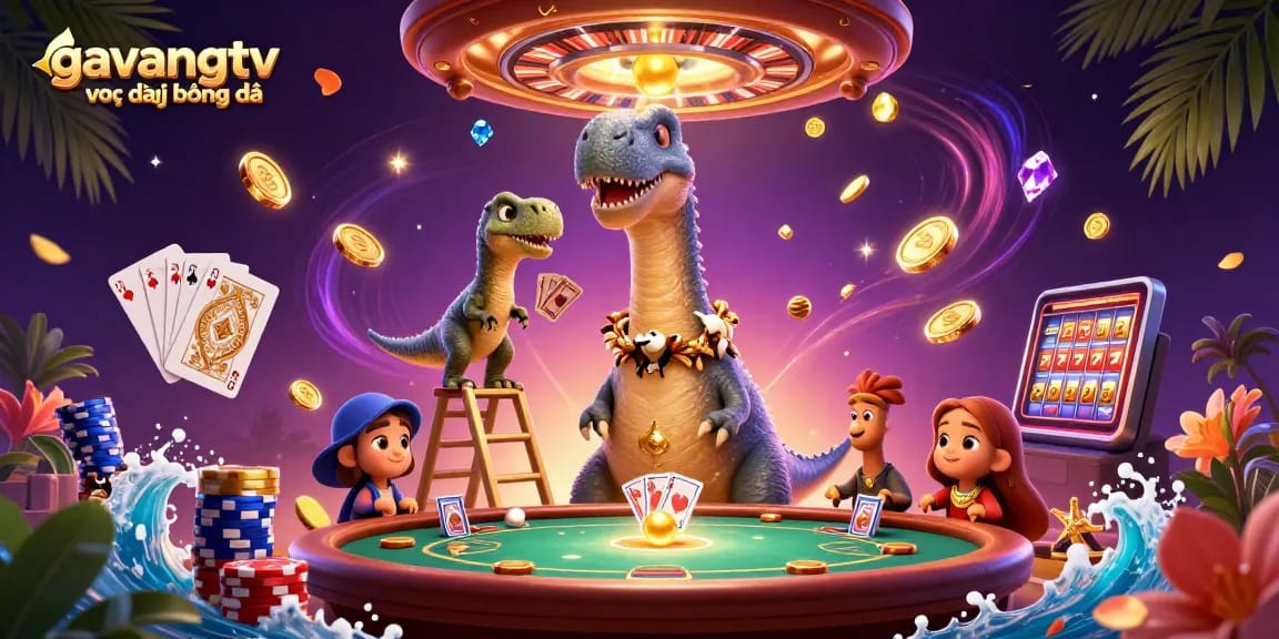 Experience the excitement of gavangtv trực tiếp bóng đá with a vibrant 3D casino scene showcasing a playful brontosaurus and raptor dealer.