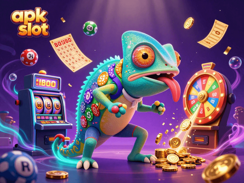 Menggunakan apk slot, pemilik kasino chameleon besar mengawasi mesin slot dan mengambil koin emas dari suasana ceria.