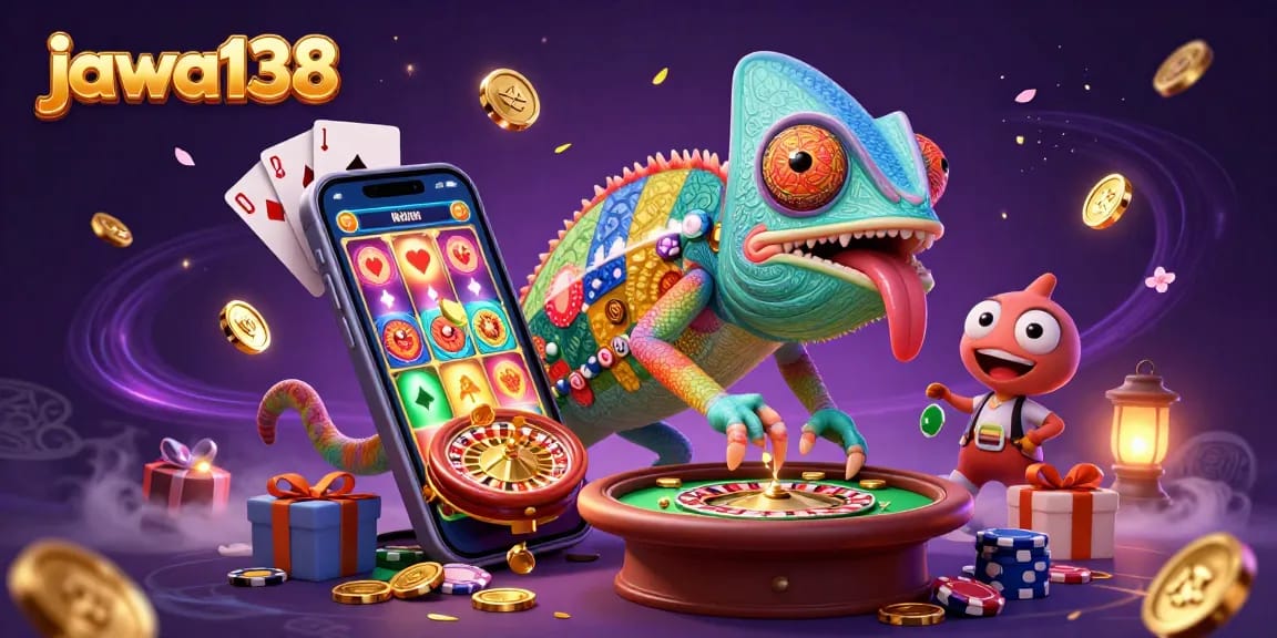 Jawa138 menghadirkan chameleon pemilik kasino dalam ilustrasi 3D yang menakjubkan dan penuh warna.