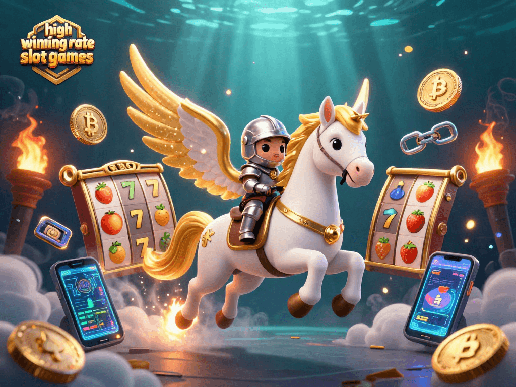 Experience high winning rate slot games in this vibrant, dynamic 3D illustration featuring mythical characters and casino elements.